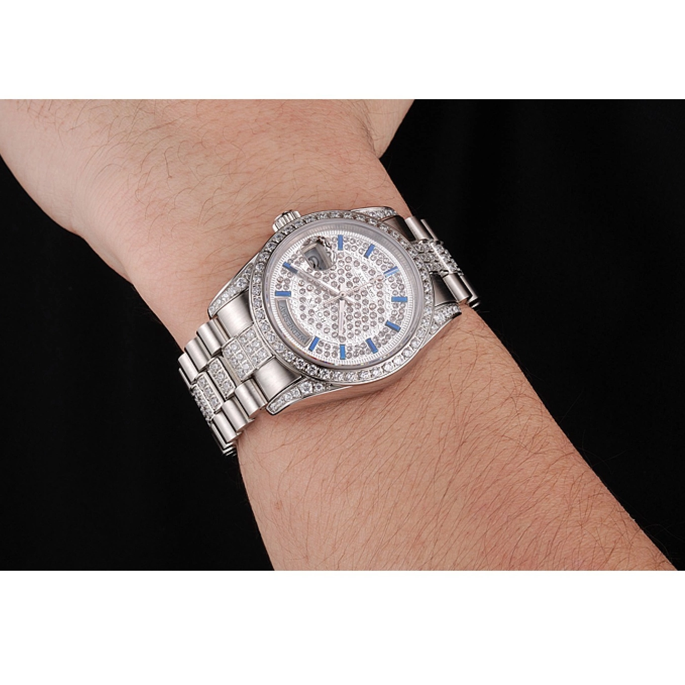 Rolex aaa copy Bezel Diamond And Steel Stainless Rolex Day Pave And Bracelet Swiss Dial Date 0608